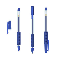 Blue gel pens in transparent plastic case with rubber grip set. Vector illustration