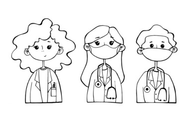 vector illustration. three masked doctors. hand drawing. doodles