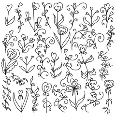 Set of doodle flowers with leaves and ornate twigs, stylized heart-shaped flowers for decoration