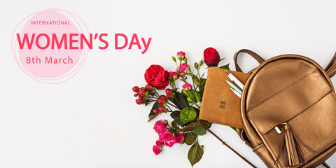 Happy day. Composition for International Women's Day over white background. Flowers and accessories. Greeting card for Day March 8th. Concept of holidays, greetings. Copy space for design, ad.