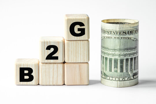 Text B2G. paper dollar and wooden cubes on a gray background. The concept of world business, marketing, finance.