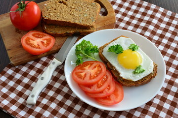 sandwich with fried egg on the white plate with tomatoes and whole grain bread