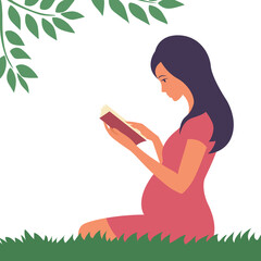 Beautiful pregnant girl reads a book in nature. Sits on the green grass under the foliage of a tree. Learning to be a mom. Vector cartoon illustration.