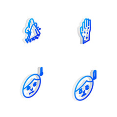 Set Isometric line Hand with psoriasis or eczema, Runny nose, High human body temperature and Fatigue icon. Vector.