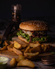 
hamburger with french fries
