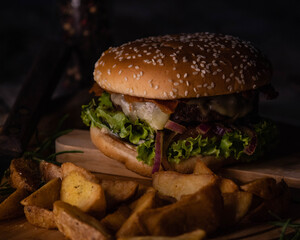 
hamburger with french fries