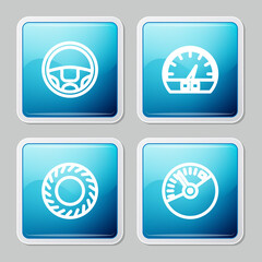 Set line Steering wheel, Speedometer, Car tire and icon. Vector.
