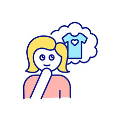 Girl dreaming about buying blouse RGB color icon. Person thinking about useful and needed dress. Shortage of space storage. Types of purchasing people. Isolated vector illustration