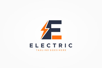 Abstract Initial Letter F and E Electric Logo. Yellow Flash Icon Thunderbolt with Blue Geometric Shape FE Linked Letter Combination on White Background. Flat Vector Logo Design Template Element.