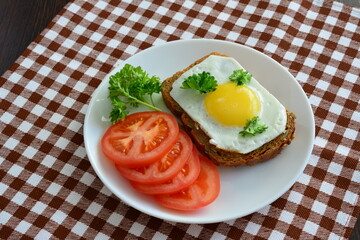 sandwich with fried egg on the white plate with tomatoes and whole grain bread