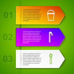 Set line Paper glass water, Drinking plastic straw, Disposable spoon and Shopping bag with recycle. Business infographic template. Vector.