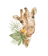 Watercolor cute giraffes and floral tropical bouquets. Exotic savannah animal, giraffe and plants, flowers.  - obrazy, fototapety, plakaty