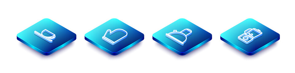 Set Isometric line Coffee cup, Oven glove, Kettle with handle and Blender icon. Vector.