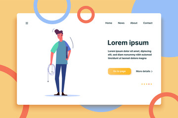 Young man holding wires. Support worker with internet cable flat vector illustration. Technology concept for banner, website design or landing web page