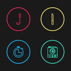 Set line Kitchen timer, Electric stove, Knife and ladle icon. Vector.