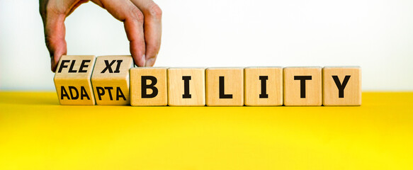 Flexibility and adaptability symbol. Businessman turns wooden cubes and changes words adaptability...