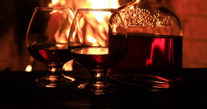 Two glasses of cognac and a bottle near the fireplace. Cozy evenings by the fireplace