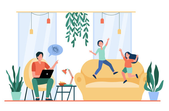Active kids driving crazy upset freelancer dad. Naughty children, work from home. Flat vector illustration. Family problem, covid lockdown concept for banner, website design or landing web page