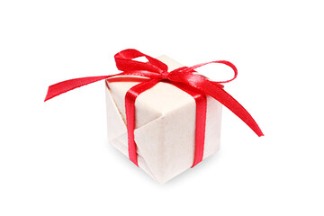 Present gift box wrapped craft paper with red ribbon and bow isolated on white background 