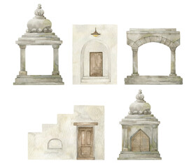Watercolor architecture element of tropical houses. Modern white home, doors. Ancient temples from jungle.