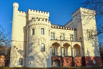 Fototapeta na wymiar facade of a neo-gothic historic castle in the city of Korni