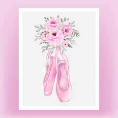 isolated pink rose flower wreath with ballet shoes © orchidart