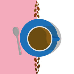 Top view of light blue coffee cup, spoon and coffee beans on pink and white background.