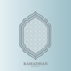 Ramadan Kareem Greeting Islamic mosque window background banner with arabic pattern vector illustration