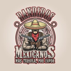Fototapeta na wymiar Vector illustrtion of mexican bandit print template. man with a guns in hands in sombrero with text. Free Vector