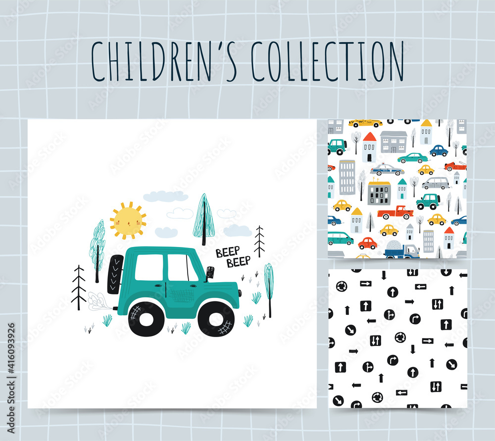 Wall mural collection illustrations with cars. cute set children's seamless patterns with road signs and concep