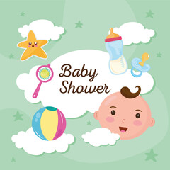 baby shower lettering in cloud with set icons vector illustration design