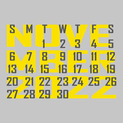 Letter calendar for November 2022. The week begins on Sunday. Time, planning and schedule concept. Flat design. Removable calendar for the month. Vector