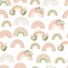 Children's seamless pattern with spring rainbow and flower in pastel colors. Cute texture for kids room design, Wallpaper, textiles, wrapping paper, apparel. Vector illustration