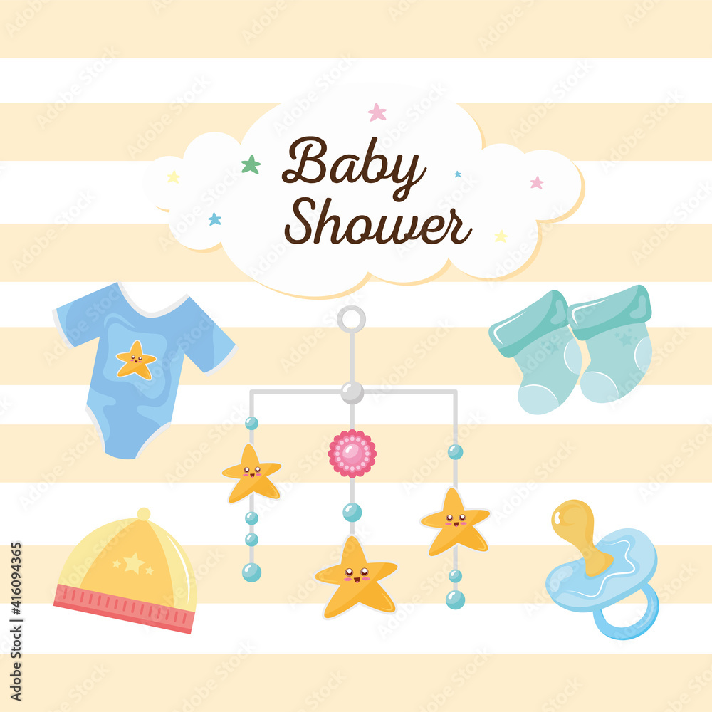 Wall mural baby shower lettering in cloud with icons vector illustration design