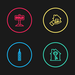 Set line Skyscraper, House with key, Realtor and Hanging sign text Sold icon. Vector.