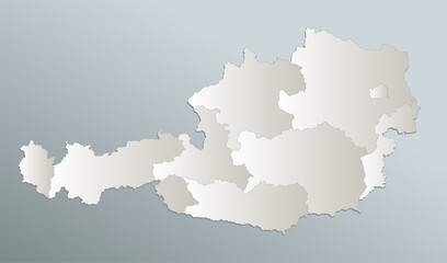 Austria map, administrative division with names, blue white card paper 3D blank