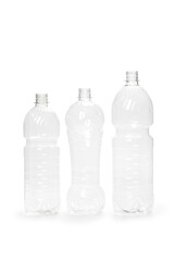 Fototapeta premium three different empty plastic bottles isolated on white background. production of new containers
