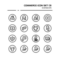 Commerce line icon set in a circle. People, cashier machine, phone, security, ticket, money and hands. Isolated group. Vector illustration