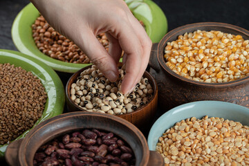 Different kinds of bean seeds, lentil, peas in dishes on a dark background