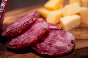 salami in a traditional route stall Argentine food of meat and fat in animal gut