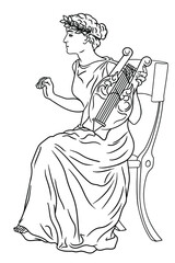 Naklejka premium Ancient Greek woman goddess of art with a harp in her hand and a laurel wreath on her head.