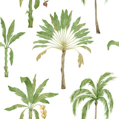 Watercolor seamless pattern with palm trees. Tropical jungle background. Coconut and banana palms. Exotic summer foliage, tropical forest landscape © Kate K.