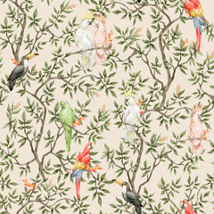 Watercolor seamless pattern with trees and parrots. Vintage background in victorian style. Boho paradise jungle with branch and birds. Ara, toucan, cockatoo, in blossom tree.