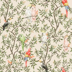 Papier peint Perroquet Modèle sans couture aquarelle avec arbres et perroquets. Fond vintage dans un style victorien. Jungle paradisiaque Boho avec branche et oiseaux. Ara, toucan, cacatoès, arbre en fleurs.