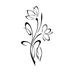 ornament 1570. two stylized flowers on stems with curls and with one leaf in black lines on a white background