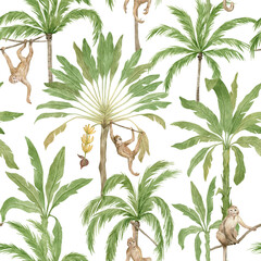 Watercolor seamless pattern with tropical monkey and palm trees. Banana palm, capuchin. Gently background with wildlife jungle elements. Trendy vintage wallpaper