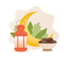 Ramadan Kareem vector illustration with moon, dates and lamp