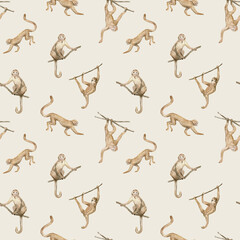 Watercolor seamless pattern with monkeys. Wild tropical animals living in jungle.  © Kate K.