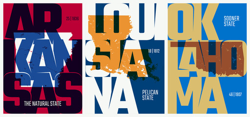 Vector posters states of the United States with a name, nickname, date admitted to the Union, Division West South Central - Arkansas, Louisiana, Oklahoma - set 12 of 17 - obrazy, fototapety, plakaty