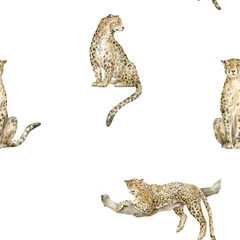 Watercolor seamless pattern with leopards, cheetah. Big wild jungle and safari cat. Background with wild animals sitting and resting on a tree. © Kate K.